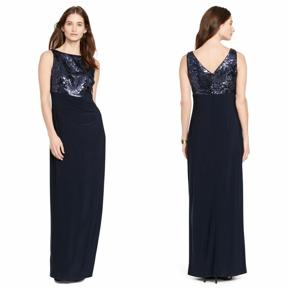 New! RALPH LAUREN Women's Sequined Bodice Gown Dress Blue Size 16 Color Blue